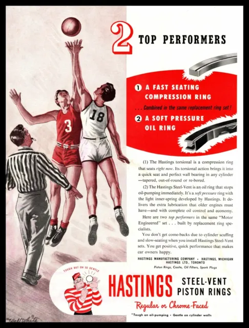 1955 Hastings Steel-Vent Piston Rings Short Shorts Basketball Jump Ball Print Ad