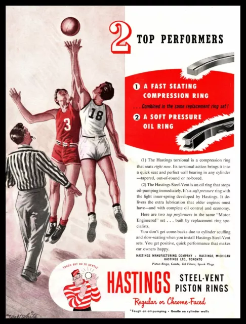 1955 Hastings Steel-Vent Piston Rings Short Shorts Basketball Jump Ball Print Ad