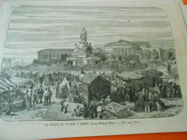 Gravure 1864 - La foire du 15 Mai à Nimes