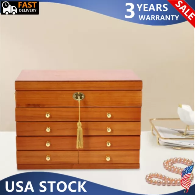 5-Layer Jewelry Storage Box Large Wooden Ring Necklace Organizer with 4 Drawers