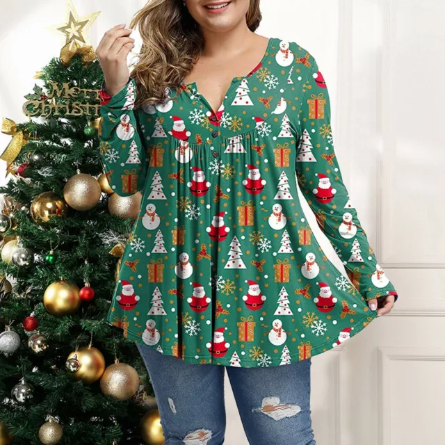 Women Christmas Plus Size Tops Long Sleeve Cute Print Pleated Hem Casual Tops 2