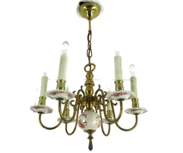 Chandelier 6 arm Lights Italian  Porcelain Pink Flowers Ornate Brass Beautiful