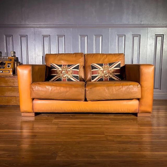 Leather 2 Seater Sofa Tan Brown Vintage Danish Style Retro Mid Century Modern