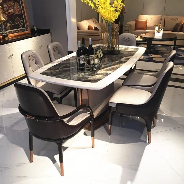 Marble Designer Dining + Six Chairs Set Room Group Seven - Piece Tables Grey New