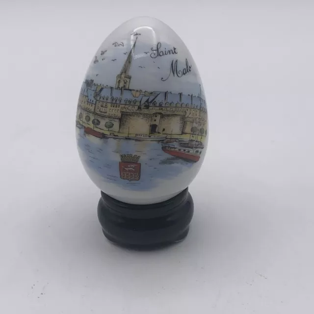Saint Malo Souvenir Porcelain Egg with Applied Decoration and Stand