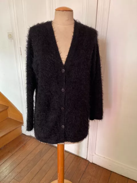 Long gilet noir en angora et laine, vintage très bon état M