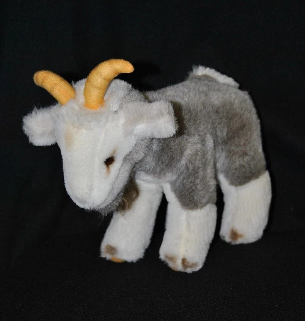 Peluche doudou bouc chamois chèvrebris brun blanc cornes jaunes 25 cm TTBE