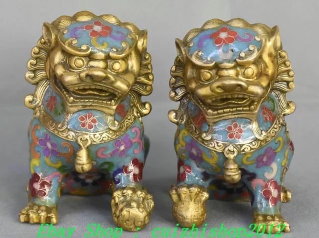 Old Chinese Cloisonne Enamel Bronze Gilt Fengshui Foo Fu Dog Guardion Lion Pair