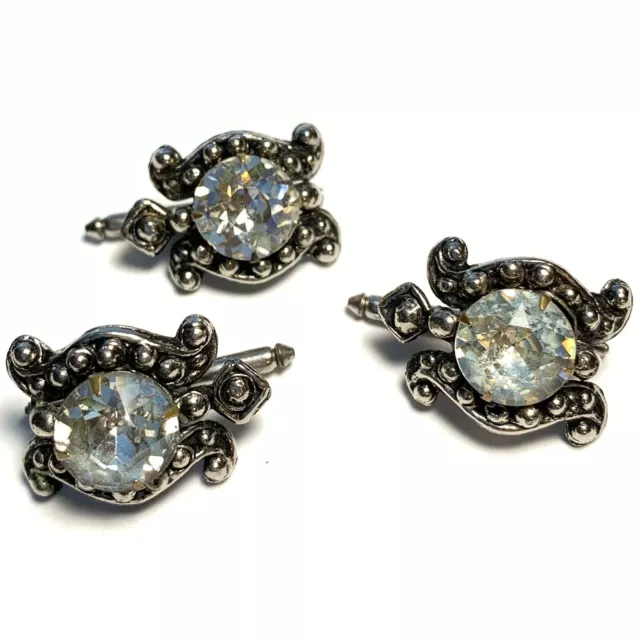Shirt Studs Rhinestone Clear Silver Tone Turtles Men's Formal Vintage Set of 3