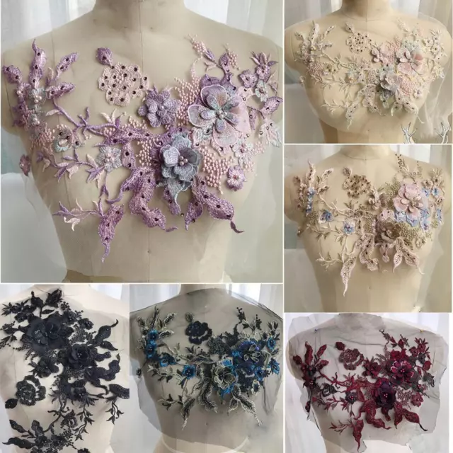 Aplique de tela de encaje con cuentas de flores 3D para coser decoración de boda