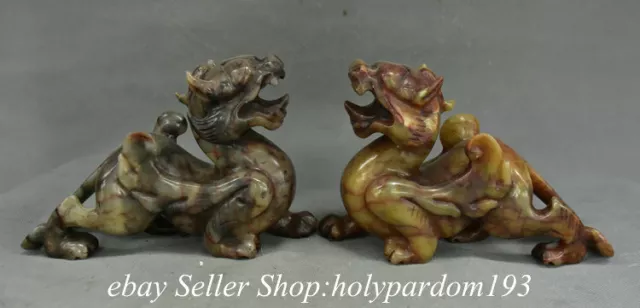 8.8" Old Chinese Xiu Jade Carved Fengshui Go Beast Pi Xiu Statue Pair