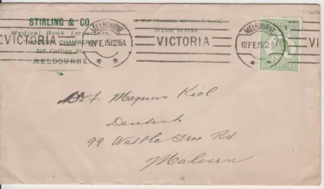 Stamp Australia 1/2d green Kangaroo on Stirling & Co advertising cover, scarce