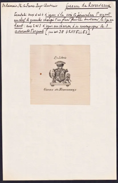 Gueau De Reverseaux Crest Ex-Libris Armoiries Blason Armorial Bookplate Exlibris