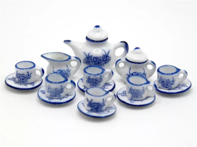 17 Piece Blue & White Ceramic Tea Set Tumdee 1:12 Scale Dolls House W10