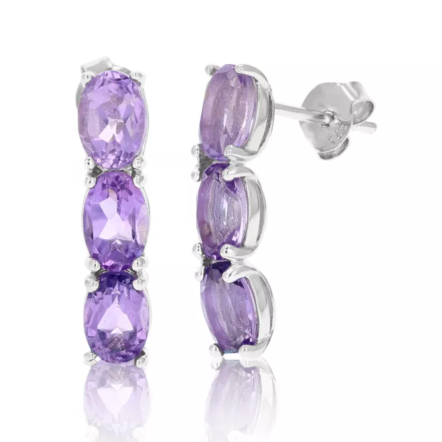 1.80 ct Purple Amethyst Earrings in .925 Sterling Silver Oval 3 Stone February