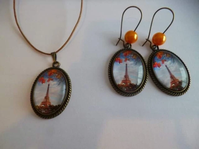 Parure Argent Collier Et Boucles D'Oreilles Cabochon Orange 18x25mm - Acier Inoxydable