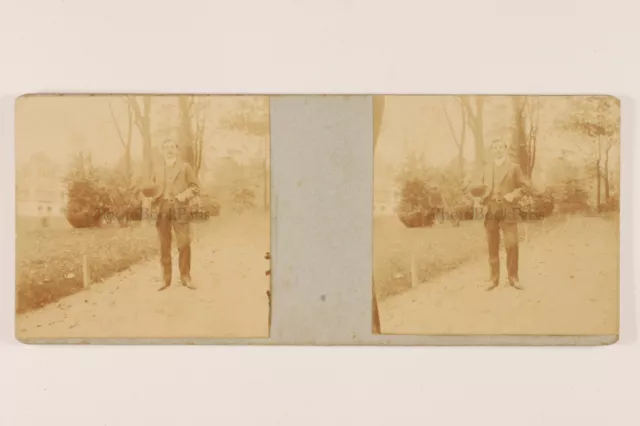 Homme Jardin Photo Amateur c1900 Petit format Stereo Vintage PL57An