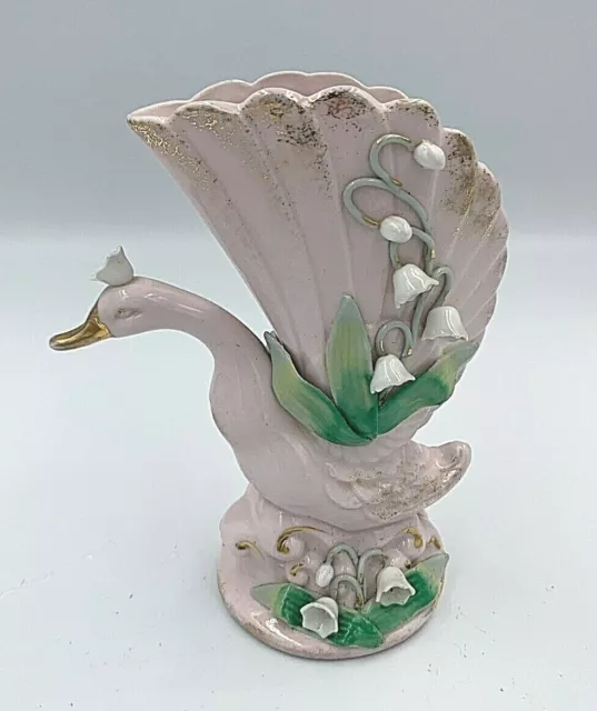 Mid-Century Hand Painted Pink Swan Planter Vase Figurine with Applied Flowers