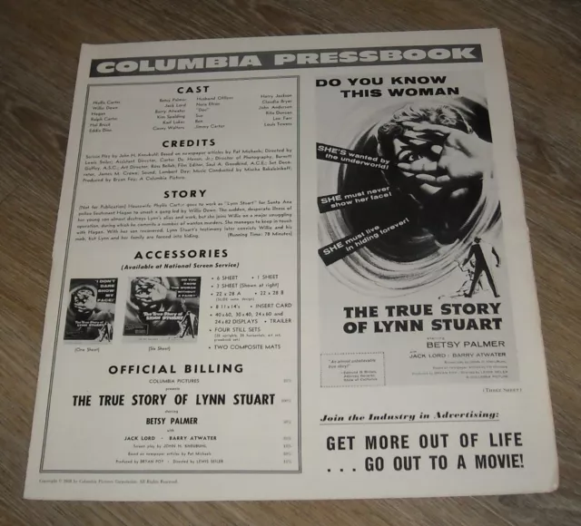 1958 The TRUE STORY of LYNN STUART PROMO MOVIE PRESSBOOK BETSY PALMER JACK LORD