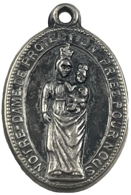 Medalla religiosa católica vintage en tono plateado de Notre Dame De Protection