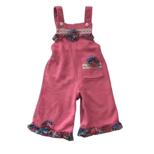 Vintage Carter's Overalls Pink Floral Lace Embellishment Baby Girl Sz 12 Months
