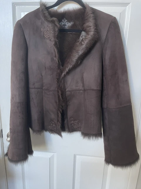 VAKKO New York Brown Spanish Lamb Leather Shearling Stitch Accent Coat Size Sm