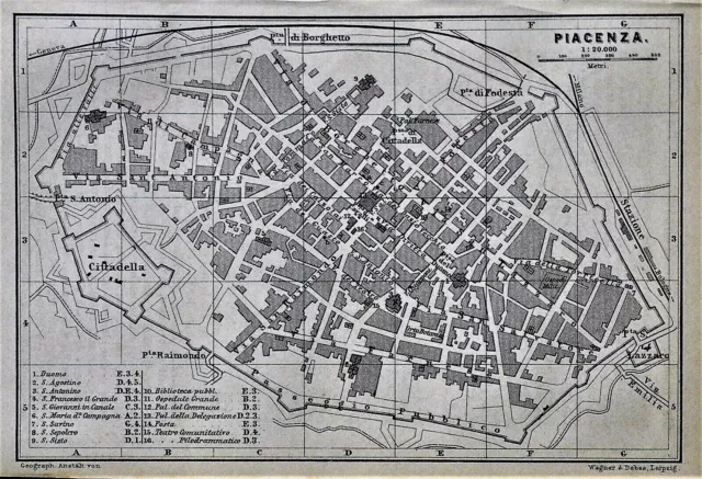 1887 Mappa Topografica della Citta di PIACENZA - REGGIO+DINTORNI.Wagner Baedeker