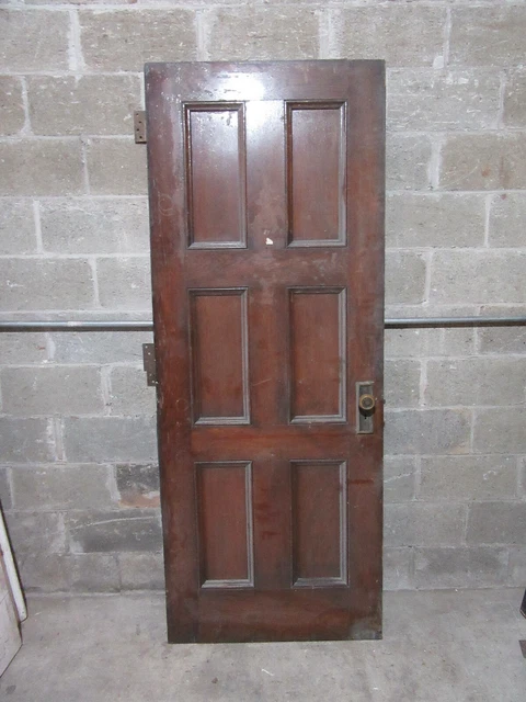 ~ ANTIQUE OAK 6 PANEL DOOR WITH HARDWARE L ~ 31.75 x 81.5 ARCHITECTURAL SALVAGE