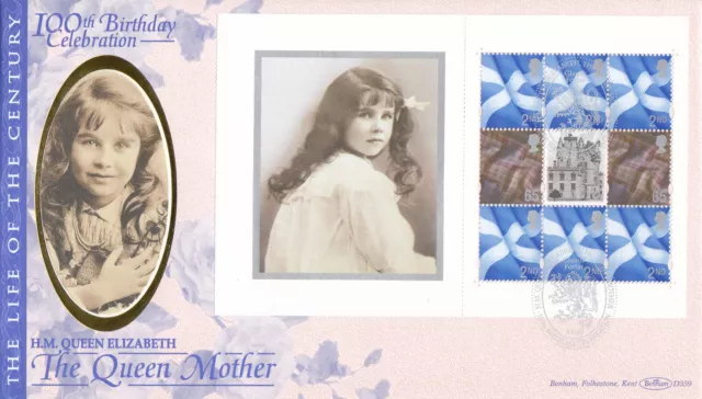 (108708) Queen Mother 100th Birthday Booklet Pane GB Benham D359 FDC Glamis 2000