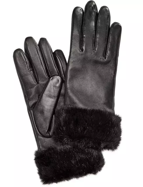 CHARTER CLUB Women's Faux Fur Cuff Leather Tech Gloves sz L Large Black