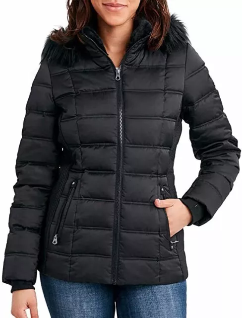 Nautica Women's Faux Fur Trim Hooded Midweight Puffer Jacket Black Size S (4-6)