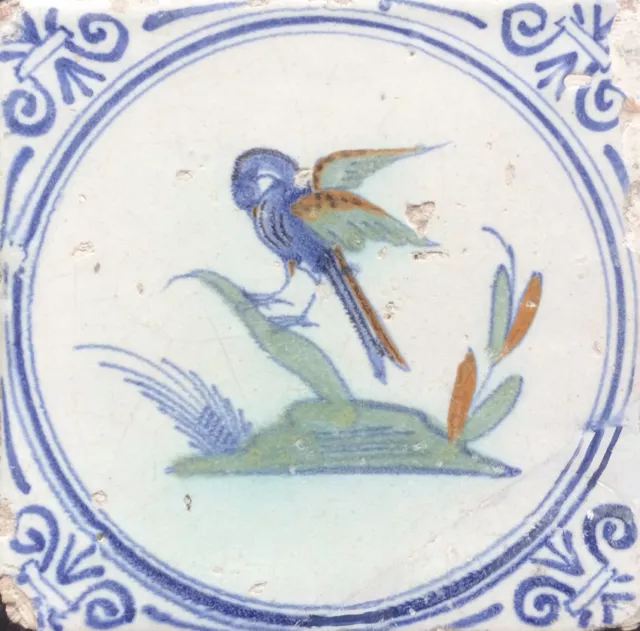Antique Dutch Delft Tile Bird Circa 1625-1650 Polychrome