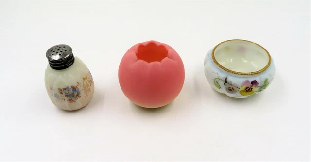 Antique Satin Glass Hand Painted Shaker & Open Bowl + Small Burmese Rose Bowl