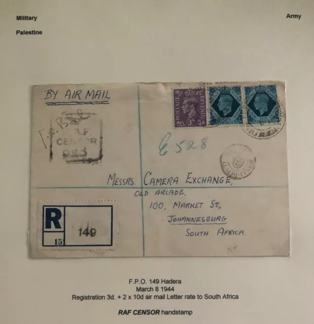 1944 Palestine British Field Post Airmail Cover To Johannesburg south Africa