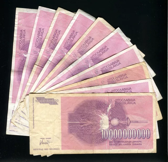 YUGOSLAVIA LOT 10 Banknotes - 10 Billion Dinara 1993 Hyperinflation P-127 TESLA 2