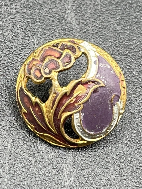 Antique French Gilt Brass Lotus Painted Purple Enamel Button