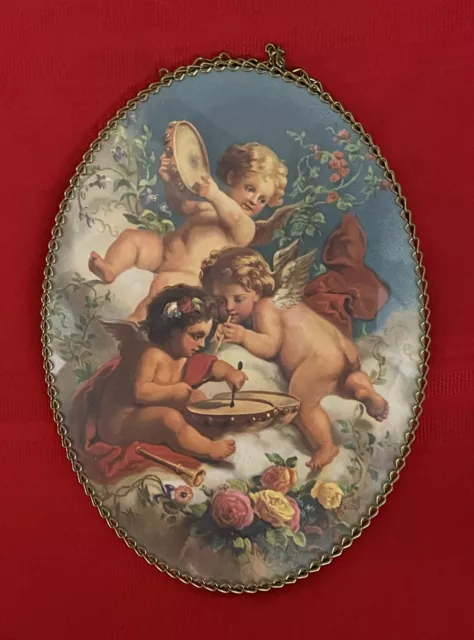 French Country Cherub Angel Wall Hanging Art Oval Cover Print Vinatge MidCentury