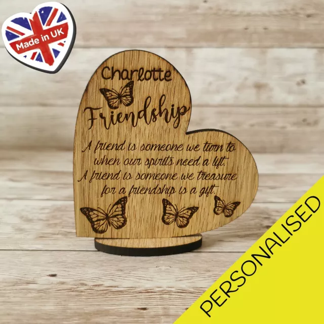 Friendship Personalised  Heart Stand Up Plaque Gift Butterfly Engraved Any Name