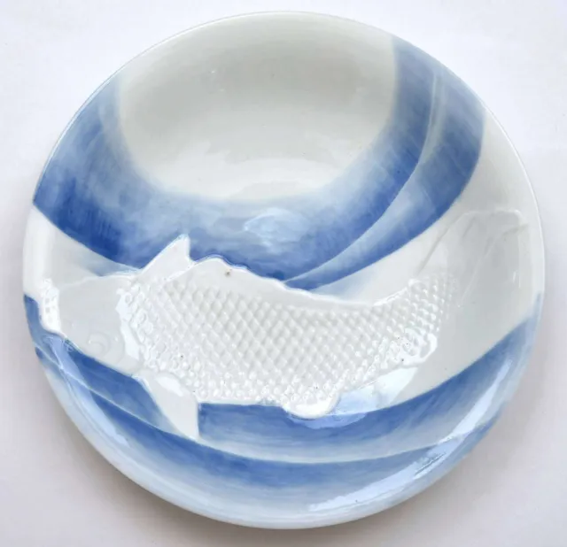 1930's Japanese Blue & White Hirado Porcelain Relief Moriage Koi Fish Plate