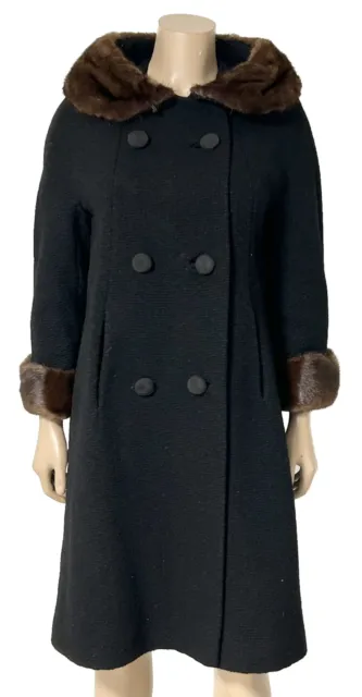 1960'S BLACK WOOL Jacket Fur Collar Cuffs Double Breasted Coat Medium ...
