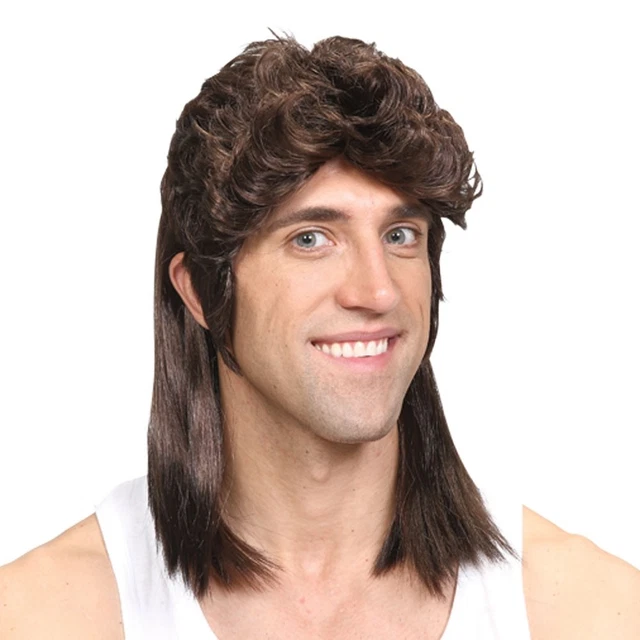 BROWN MULLET HILLBILLY Fancy Dress Wig Soft Rock Heavy Metal 70s