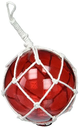 Hampton Nautical Red Japanese Glass Ball Fishing Float with White Netting Dec...