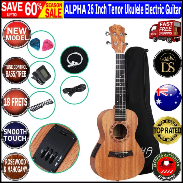 ALPHA 26 Inch Tenor Ukulele Electric Mahogany Ukeleles Uke Hawaii Guitar with EQ