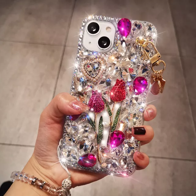 For iPhone 15 Pro Max 14 13 12 11 X 8 7 Bling Glitter Flower Diamond Case Cover