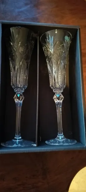 JG Durand Cristal Vincennes Cut Crystal Champagne Flutes Pair 6.25 oz France NWT