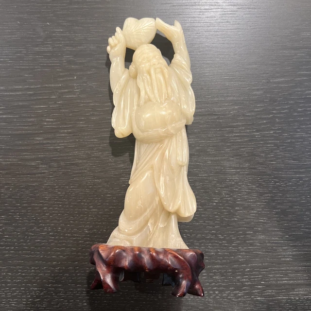 Vintage Solid White Jade Carving Tibetan Buddha Statue On Wood Platform 9”