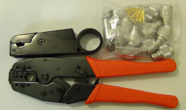 LMR-400 3-BLADE Metal RF Cable STRIPPER +Ratchet CRIMP TOOL+ 10 N Male Connector