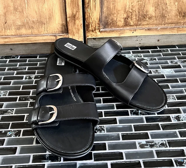 Fit Flop Gracie Slides Womens Size 11 Slip On Leather Buckle Sandals All Black