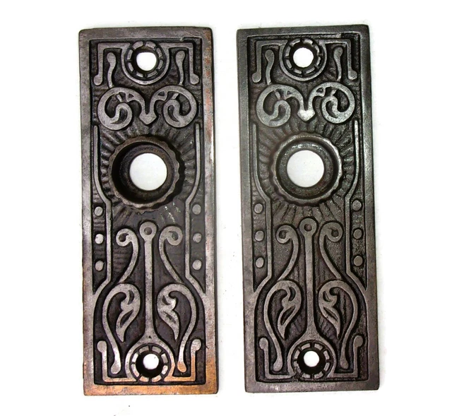 Pair Antique Vintage Victorian Eastlake Ornate Backplates Door Plates Escutcheon