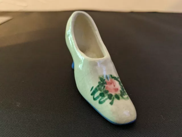 Vintage Hand Painted Ceramic Porcelain Shoe Figurine Japan Blue Heel